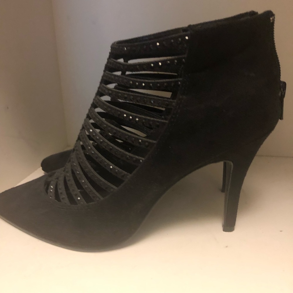 Black suede and sparkle cage heel